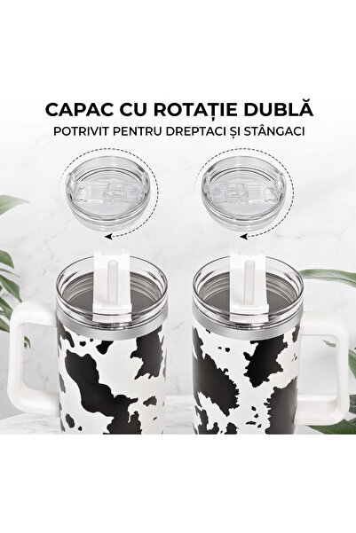 fecbk Cană Termică FECBK, 1.2l (40 oz), cu Pai și Mâner, Oțel Inoxidabil, Perete Dublu, 100% Etanș, Imprimeu Vacă (Cow Print), Alb/Negru
