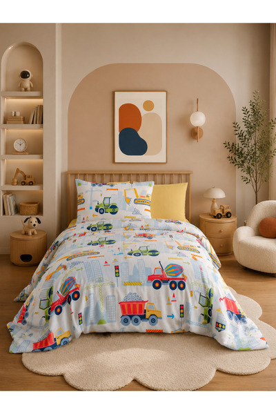 Rebeka Home Collection Vento Children's Pique Set with Vehicle Pattern, Single Pique Sheet and Pillowcase Set