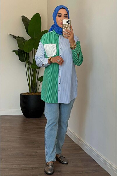 Moodbasic Renkli Çizgili Gömlek - Yeşil