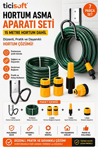 Ticisoft Hortum Asma Aparatı Seti 15 Metre Bahçe Hortumu Paslanmaz Duvar Tipi...