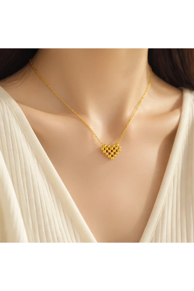 Generic Elegant 3D Beaded Heart Statement Necklace – High-Polish Gold Finish