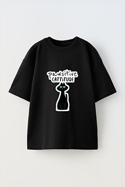Anetos Tricou oversize negru din bumbac cu imprimeu frontal Pawsitive Cattitu...