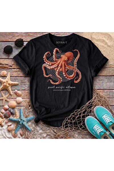 ScubaPromoTurkey Pacific Octopus Visual Print Black Cotton T-Shirt