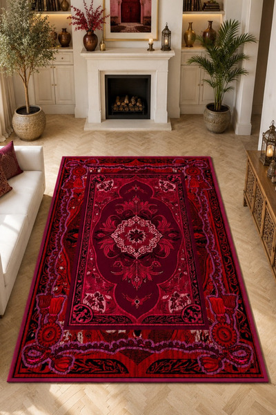 DERAS HOME Dijital Baskı Yıkanabilir Kaymaz Taban Etnik Desen Vintage Salon H...