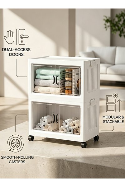 Generic Installation-free folding storage cabinet - Transparent double-door with wheels storage cabinet - Home bedroom clothes, snacks, toys multi-level storage cabinet
