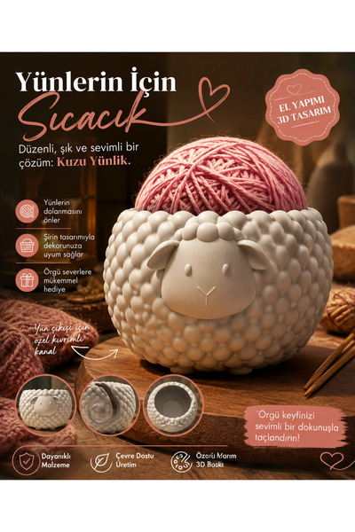 Nicomedia Nicomedia3D Sevimli Kuzu Yünlük | 3D Baskı Dekoratif Örgü Organizeri
