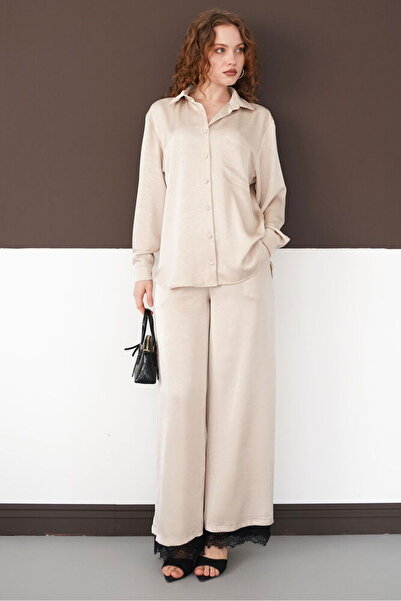 VERYMODA Pleated Hem Lace Trousers - Stone |   F2102