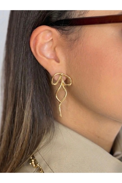 Markiz Takı Gold Color Ribbon Earrings Pair 5 cm