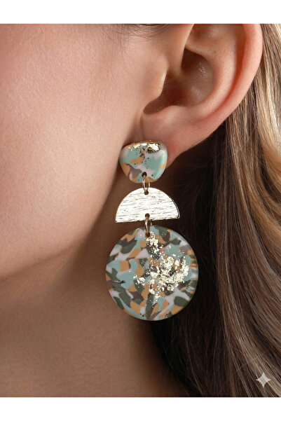SYGGY Geometric Mosaic Resin Earrings, Gold Details, Camo