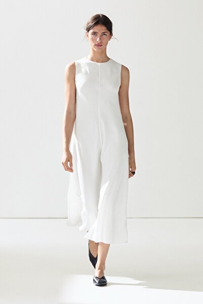 Massimo Dutti Keten karışımlı dökümlü midi elbise