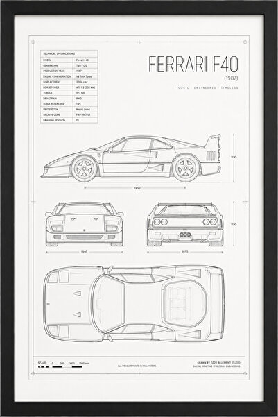 FERRARI F40 Blueprint Line Art | Limited Edition A3 |