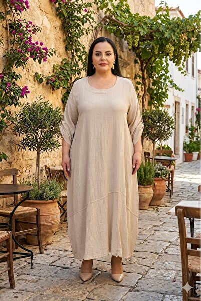 DARKWIN Plus Size Crew Neck Low Sleeve Foldable Sleeve Detailed Loose Cut Lon...