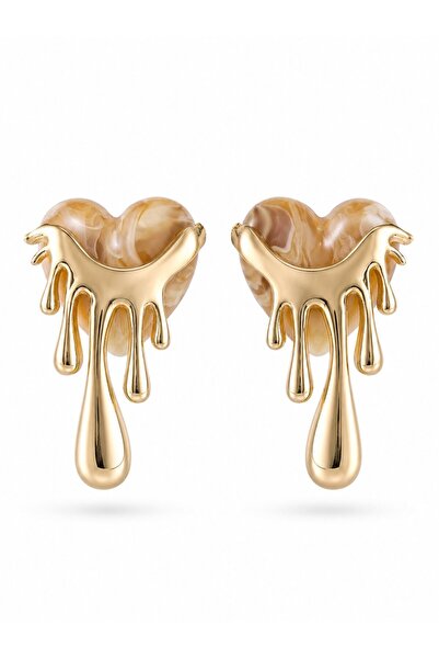 serelya Brass Gold Color Cream Pearlescent Flowing Heart Model Women's Earrings