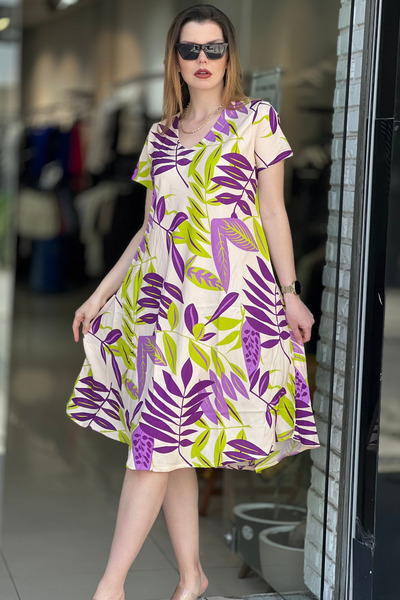 EtkiModa Γυναικείο φόρεμα με σχέδια, κοντό μανίκι και λαιμόκοψη V