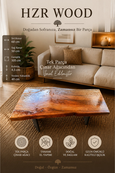 HZR Wood Ahşap Orta Sehpa – El Yapımı Doğal Çınar Ağacı Salon Sehpası