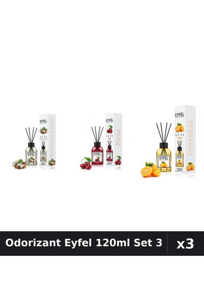 Eyfel Set 3 Odorizant Camera cu Betisoare 120ml - Nuca Cocos, Cirese, Portocala