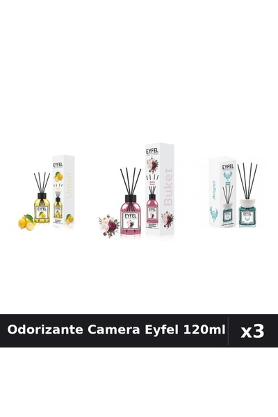 Eyfel Set 3 Odorizante Camera cu Betisoare - Angel, Bouquet, Lamaie 120ml