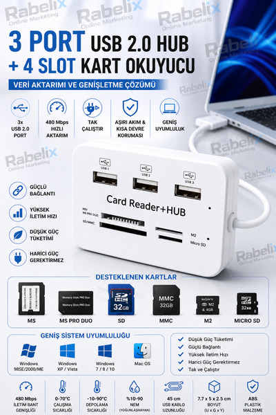 Rabelix Online Marketing 3 Port USB 2.0 Hub + 4 Slot Kart Okuyucu Çoklayıcı A...