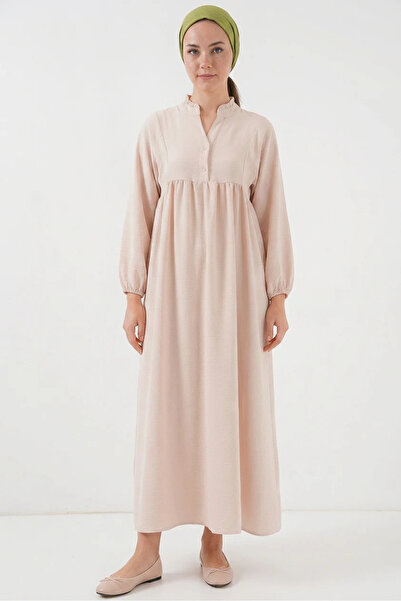 Efnaz style Women's Shirt Collar, Gathered Waist, Long Sleeve, Cream Color, H...