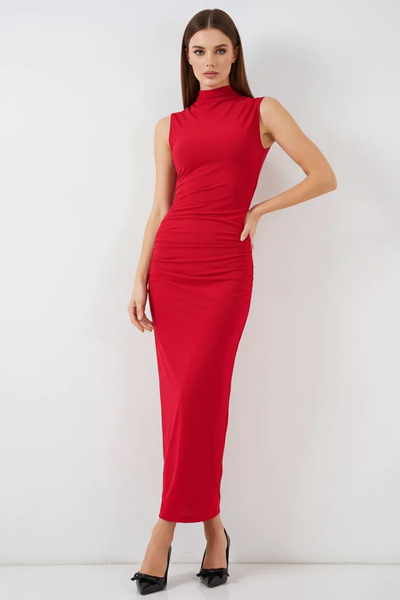 buğrahayalin Women's High Collar Gathered Zero Sleeve Slit Red Dress
