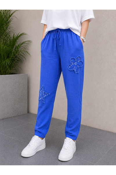 MENSAR OTANTİK Linen Trousers with Star and Daisy Embroidery. Length 100 Cm, ...