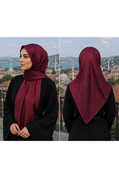 Bordo Jakarlı Desenli Şal İpek Dokulu Premium Tesettür