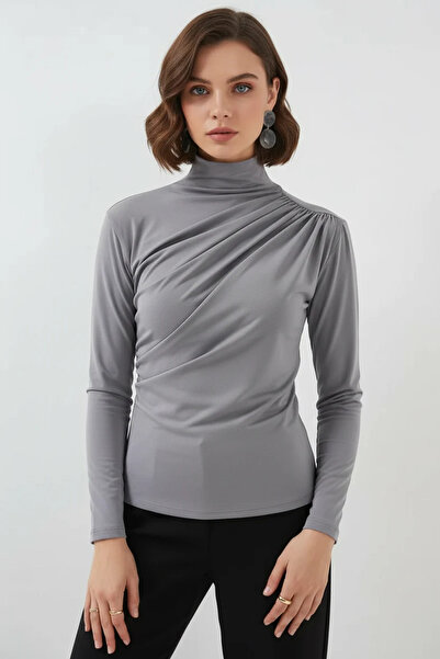 buğrahayalin Women's Turtleneck Gathered Detail Gray Blouse