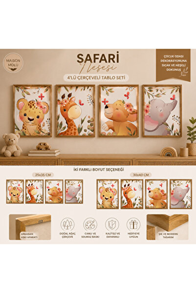 Safari Çocuk Odası Tablo Seti | Ahşap Çerçeveli 4’lü Bebek Odası Dekoru | Set5