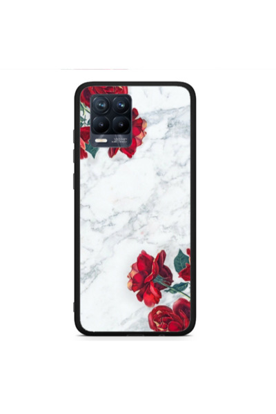 Other Realme 8 red roses marble Black Glossy Θήκη
