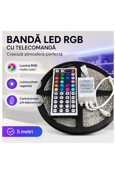 OEM Bandă LED RGB 5m cu Telecomandă – Iluminare Ambientală Colorată și Modernă