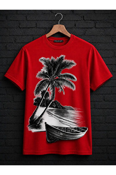 VODEXA Unisex Oversize T-Shirt with Boat Print on the Beach, 100% Cotton T-Sh...