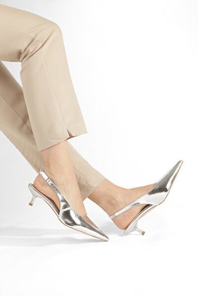 PİMORA Silver Pointed Toe Open Back Classic Mouth Buckle 4 cm Thin Heel New S...