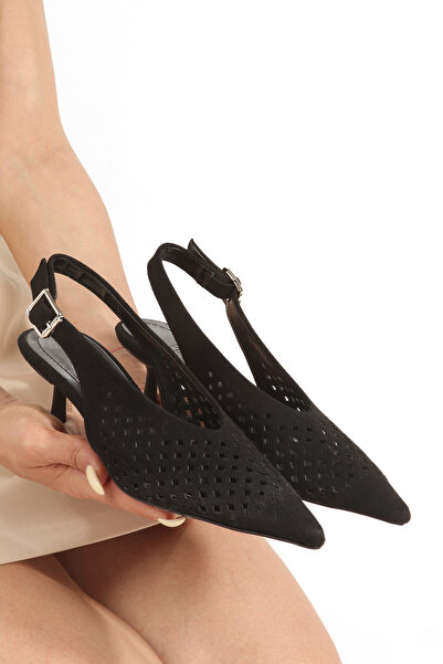 PAYZİN Black Suede Pointed Toe Perforated Classic Mouth Buckle Open Back 4 cm...