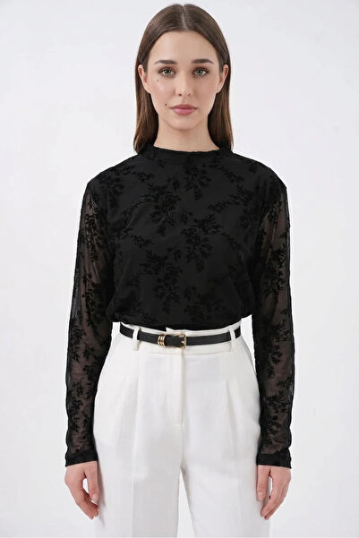 buğrahayalin Women's Round Neck Long Sleeve Floral Patterned Black Blouse