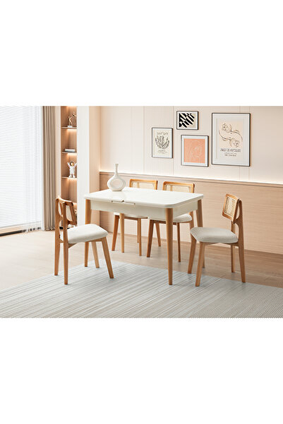 Viento Mobilya Atina Aytaşı Renk Highgloss Açılır 110X70 Masa 4 Adet Zion Cal...