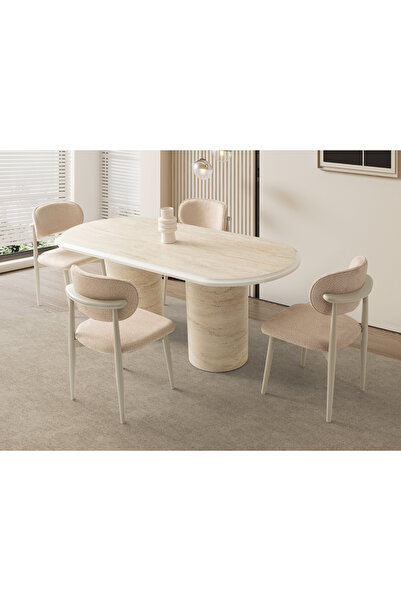 Viento Mobilya Stella Traverten Desen MDF Açılır 160X90 Masa 8 Adet Ahşap Pol...
