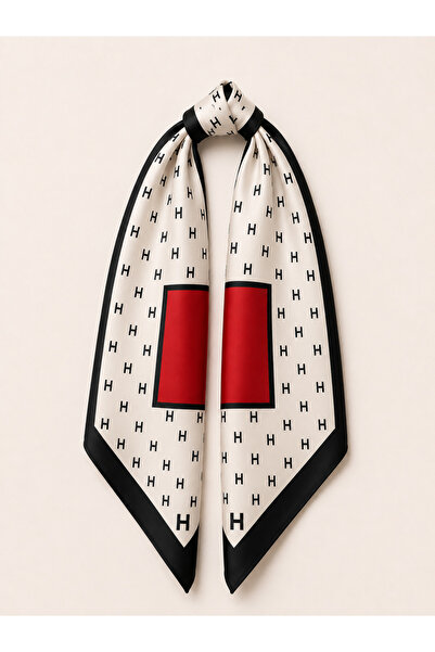 AGAPI Geometric Patterned Silky Satin Scarf – Black White Red Square Neck, Ha...