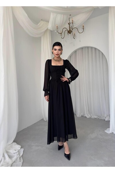 Caddebostan Moda Square Neckline Long Sleeve Chiffon Bodice Tie Back Evening ...