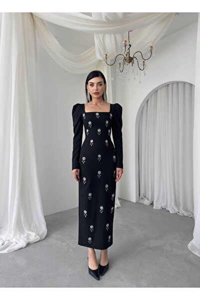 Caddebostan Moda Square Neckline Stone Embellished Long Sleeve Midi Evening D...