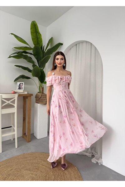 Caddebostan Moda فستان شيفون ميدي مزين بالزهور والكشكشة - فستان صيفي أنيق على...
