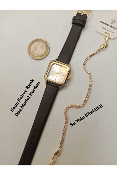 Brality Vintage Design Model, Gold Color Case, Silver Color Dial, Dark Brown ...