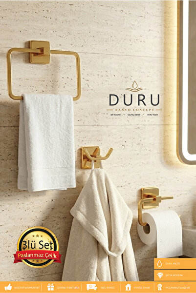 DURUBANYOCONCEPT GOLD AKSU 3'LÜ BANYO SETİ HAVLULUK-BORNOZ ASKILIĞI-WC KAĞITL...
