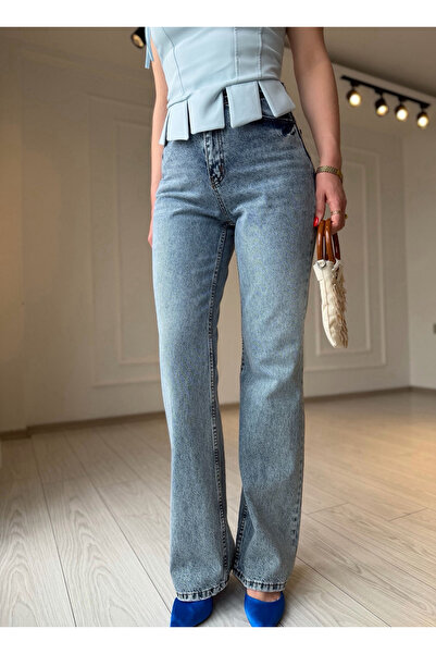 Store High Waist Light Blue Washed Straight Jeans