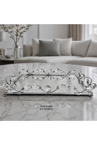Hinora Damla Stone Model Rectangular Large Size Mirrored Stylish Tray 42X26Cm