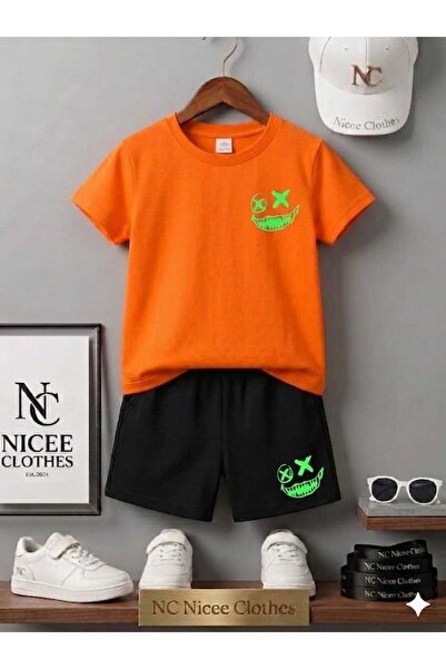 NC Nicee Clothes Summer Children's T-Shirt Shorts Unisex (Green Sulet Print)