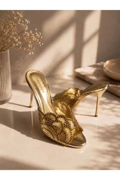 carweza Rin Gold Stone Women's Heeled Slippers
