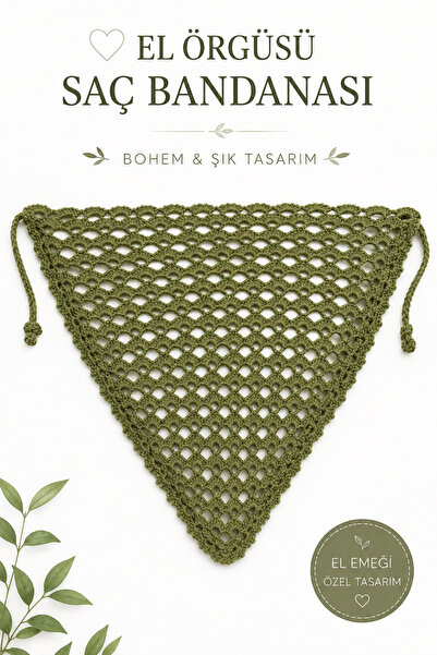 NEHOLİA Hand Knitted Hair Bandana Khaki Green Bohemian Style Triangle Bandana...