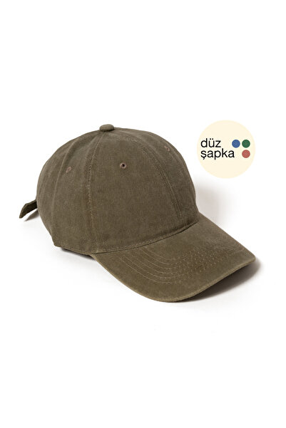 düz şapka studio Düz Şapka | Haki Yeşil Yıkamalı Kep Şapka - Minimalist, Logo...