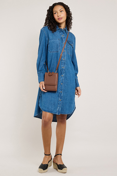 R&B Washed Denim Shirt Dress with Bishop Sleeves