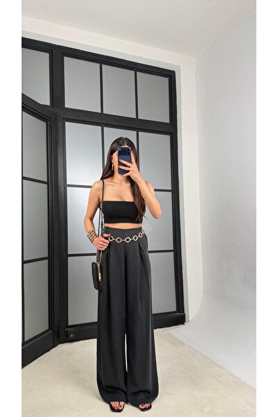 GAUS CO Siyah Gold Zincirli Kemer Muadil Tencel Pantolon GAUS-01556